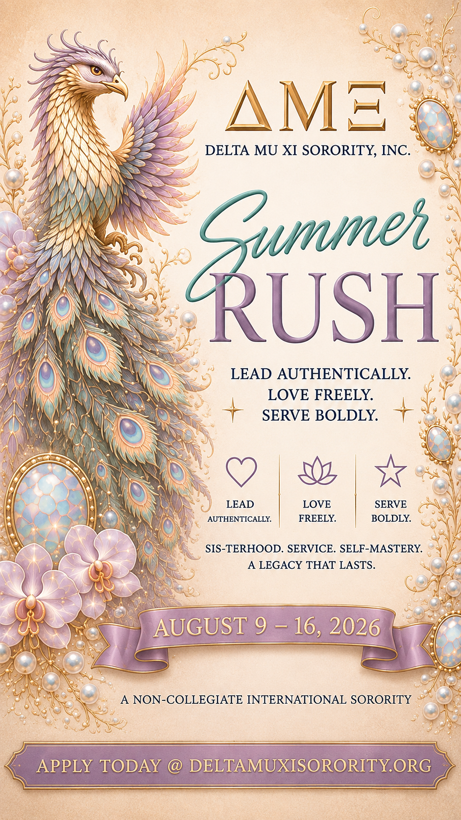 Delta Mu Xi Sorority Summer Rush flyer, August 9 through 16, 2026
