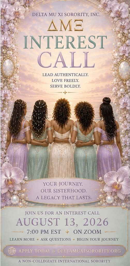 Delta Mu Xi Sorority Interest Call flyer, August 13, 2026 at 7:00 PM EST on Zoom
